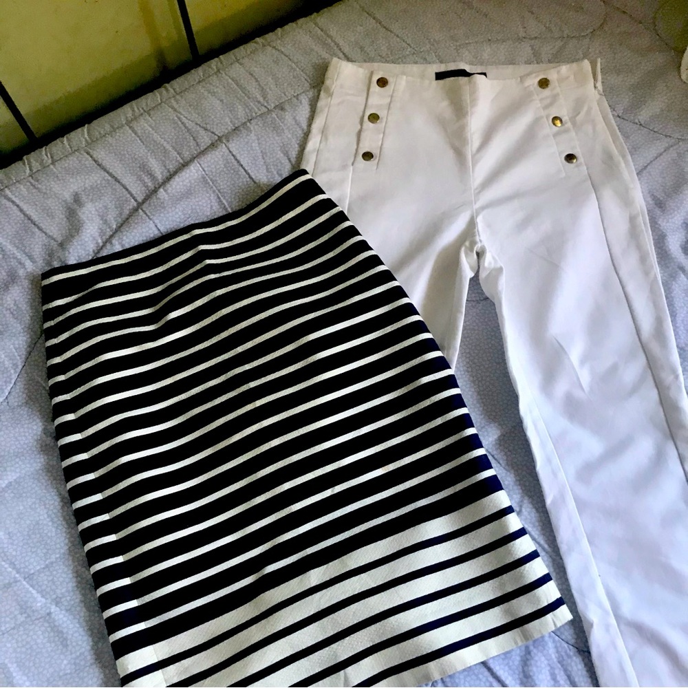 Bundle of nautic style bottoms. Sailor pants. Nautic skirt